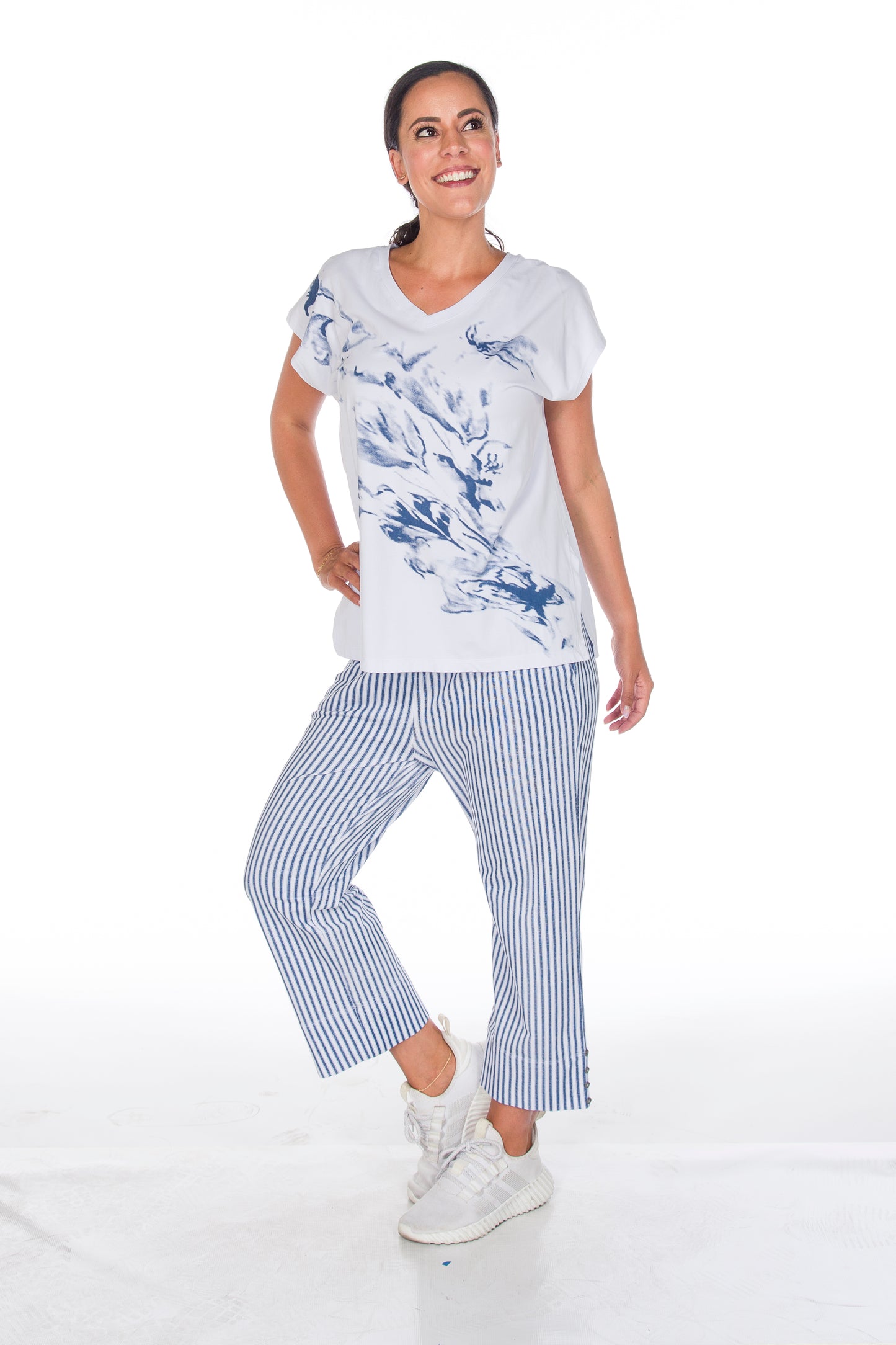 Stripes & Side Button Pull-On Cropped Pant. Style WP5626