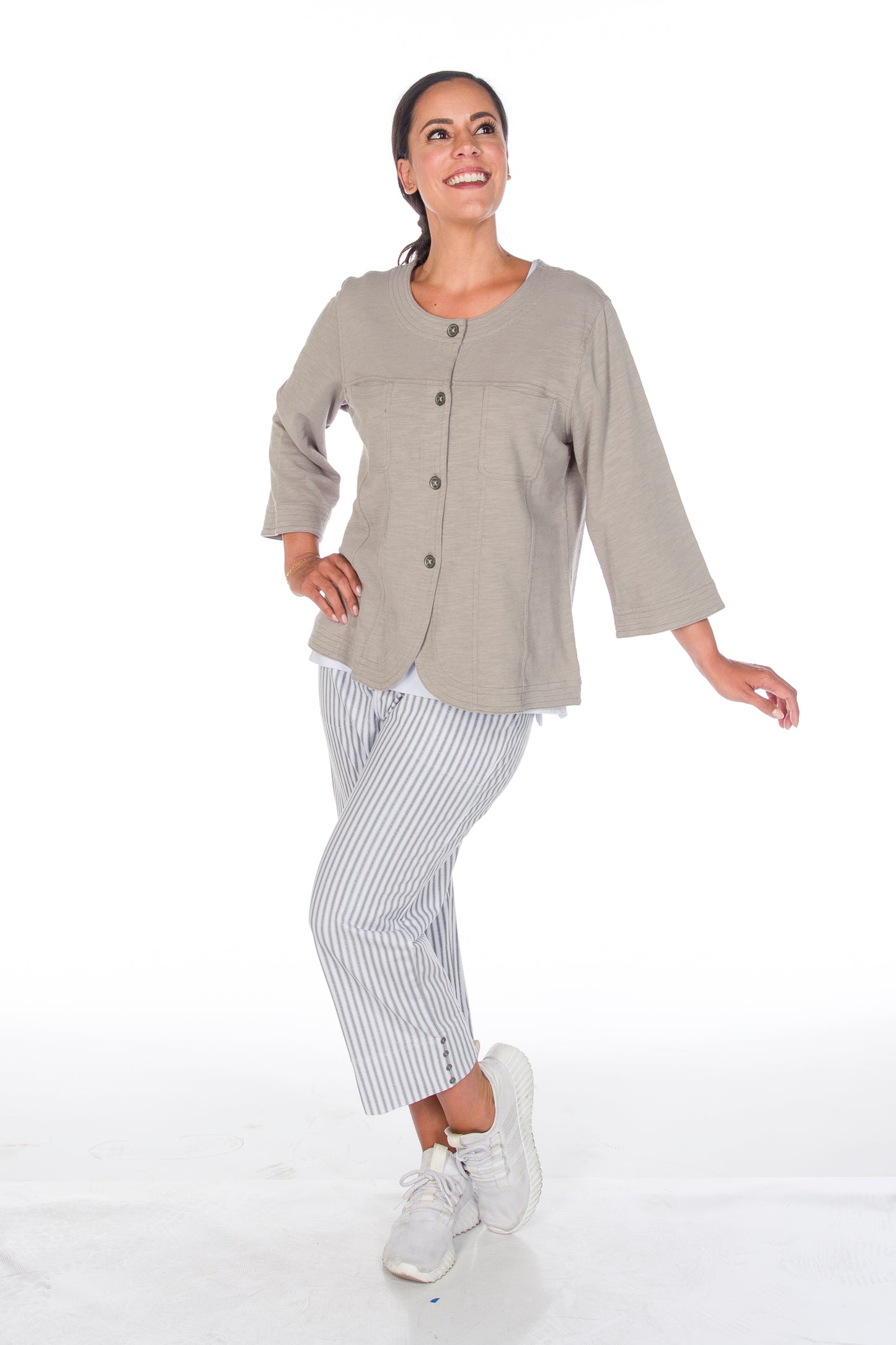 Stripes & Side Button Pull-On Cropped Pant. Style WP5626
