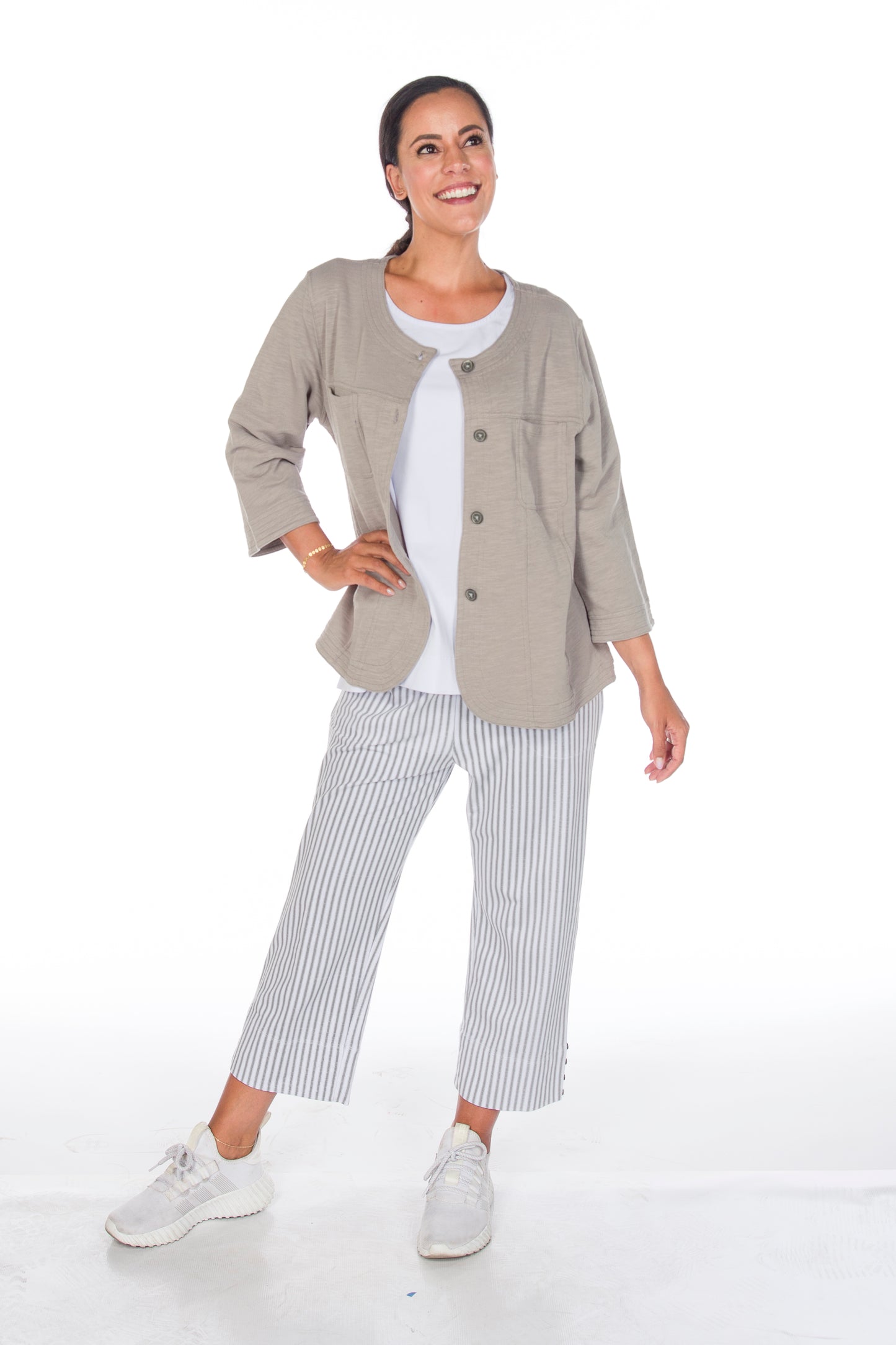Stripes & Side Button Pull-On Cropped Pant. Style WP5626