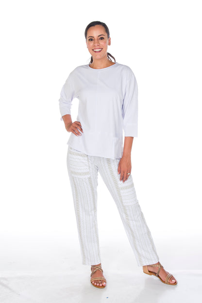 Rolled Trim Detailing Pocket at Hem 3/4 Sleeve Top. Style WP1501