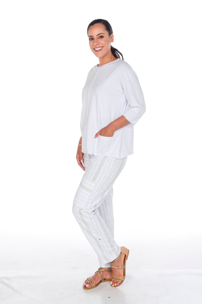 Rolled Trim Detailing Pocket at Hem 3/4 Sleeve Top. Style WP1501
