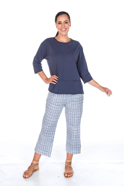 Rolled Trim Detailing Pocket at Hem 3/4 Sleeve Top. Style WP1501