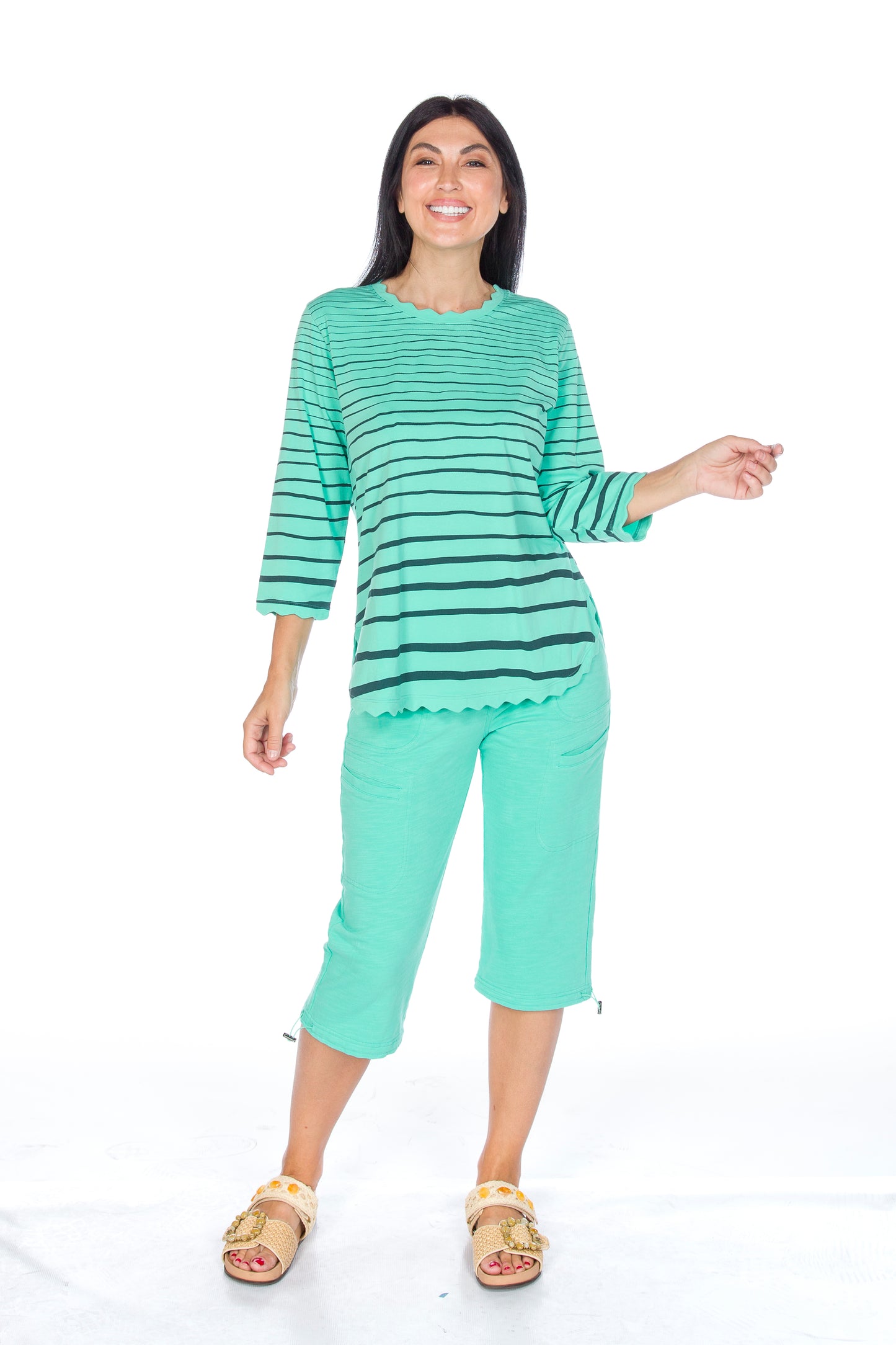 Striped 3/4 Sleeve Scallop Trims Top. Style WP1623