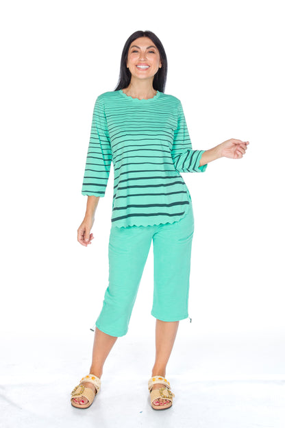 Striped 3/4 Sleeve Scallop Trims Top. Style WP1623