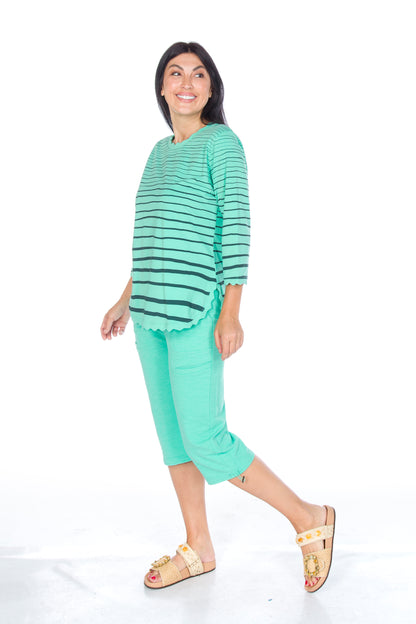 Striped 3/4 Sleeve Scallop Trims Top. Style WP1623