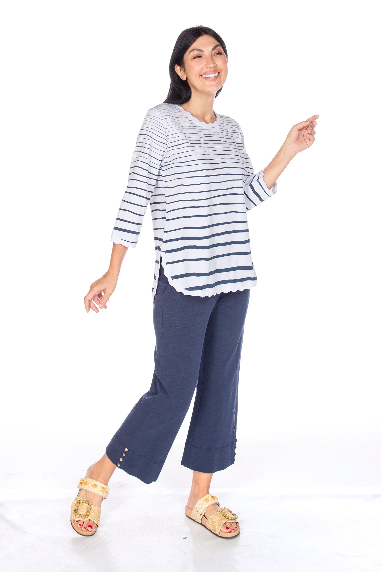 Striped 3/4 Sleeve Scallop Trims Top. Style WP1623