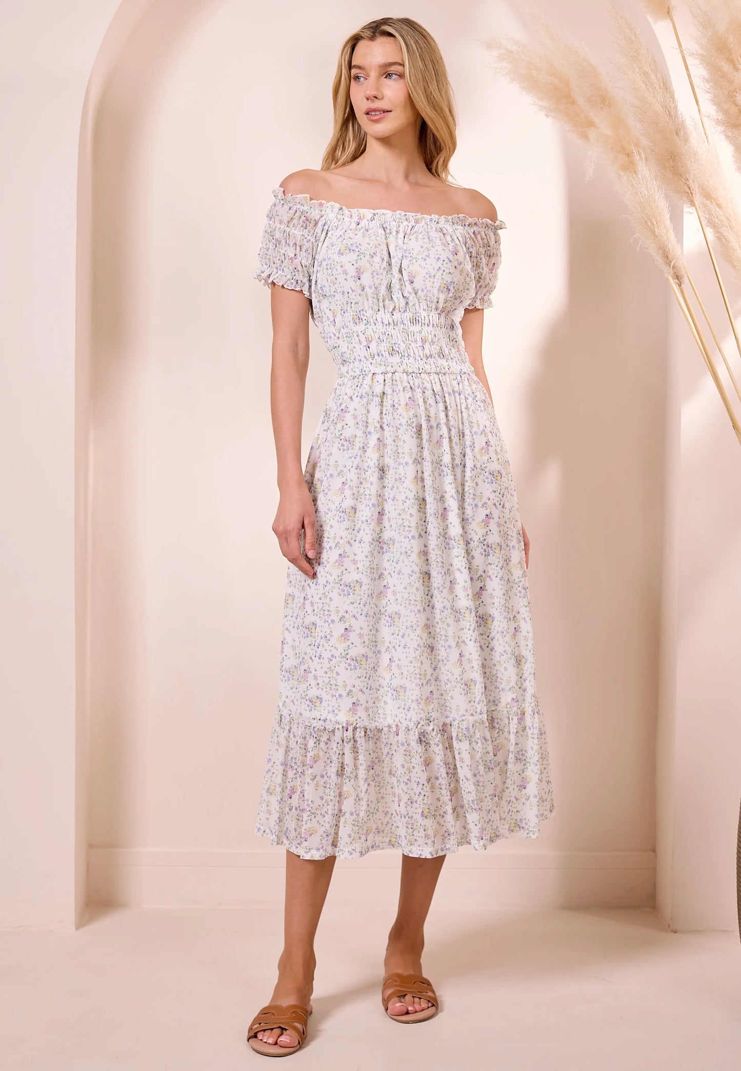 White Ditsy Mesh Bardot Maxi Dress. Style ANEY040404