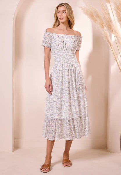 White Ditsy Mesh Bardot Maxi Dress. Style ANEY040404