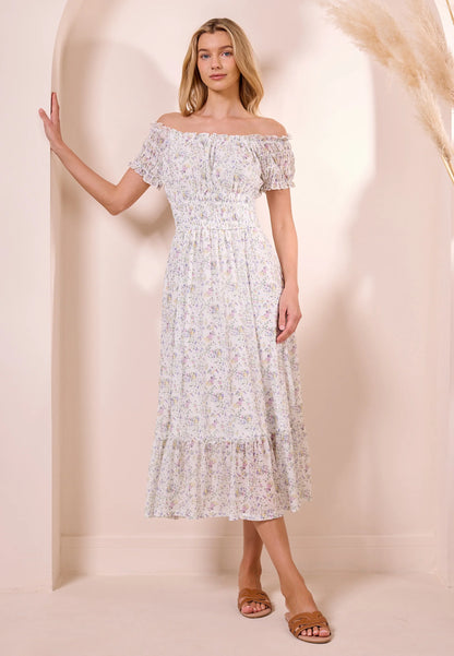 White Ditsy Mesh Bardot Maxi Dress. Style ANEY040404