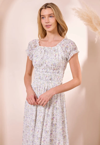 White Ditsy Mesh Bardot Maxi Dress. Style ANEY040404