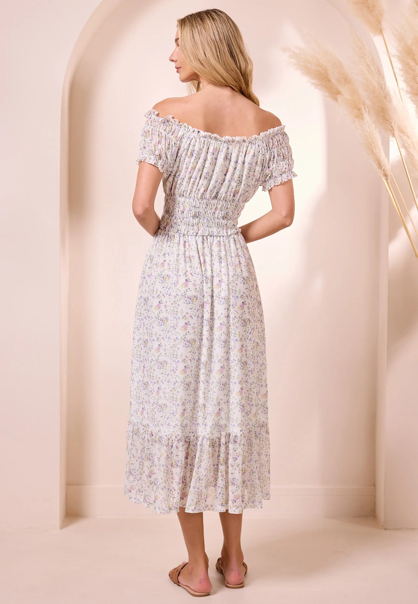 White Ditsy Mesh Bardot Maxi Dress. Style ANEY040404