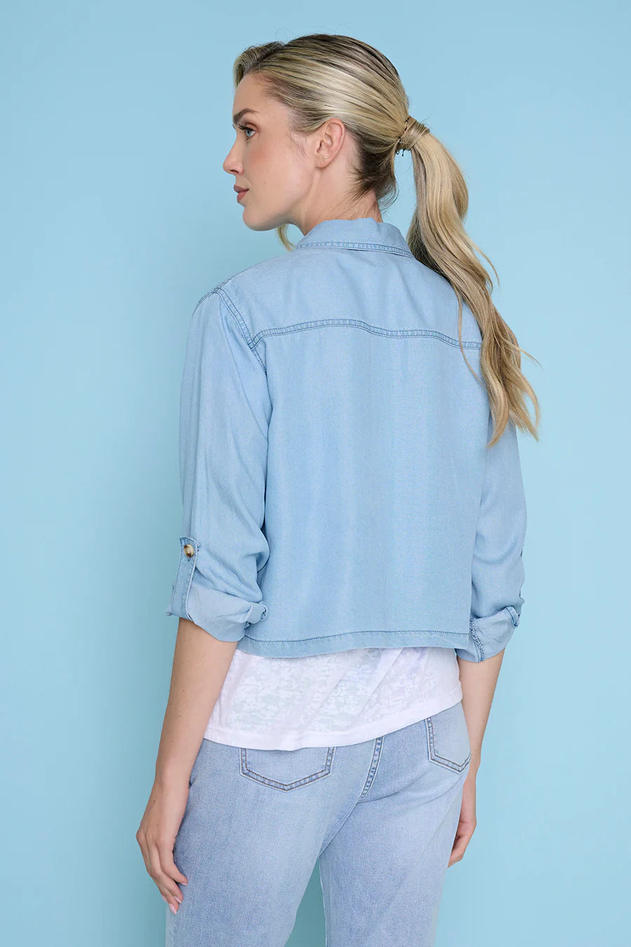 Lightweight & Soft Light Wash Denim Look Cropped Jacket. Style PYZM403