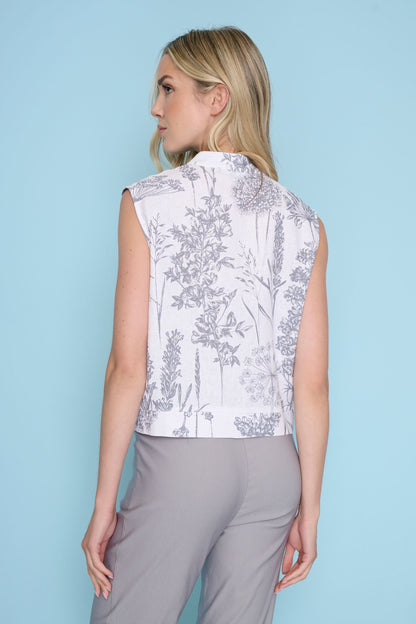 Zip Front Sleeveless Linen Plant Print Vest. Style PYZM591YX