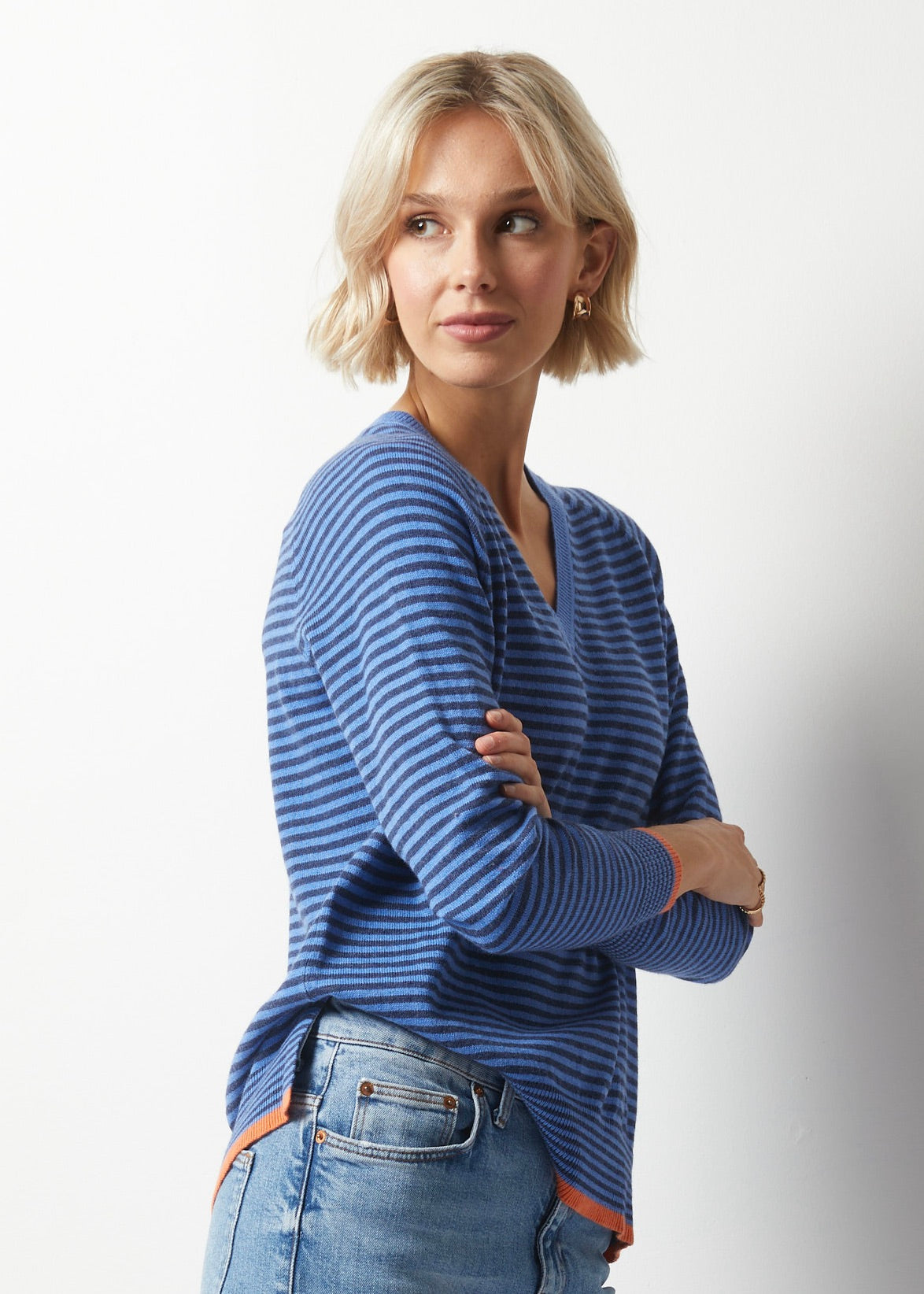 Essential Stripe V-Neck Sweater. Style ZKP6328U