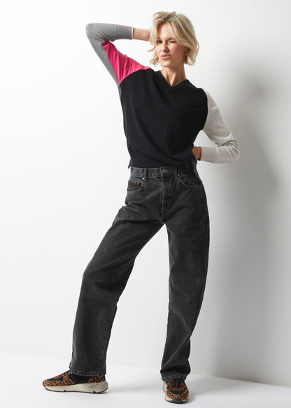 Colour Block College V-Neck Sweater. Style ZKP6342U