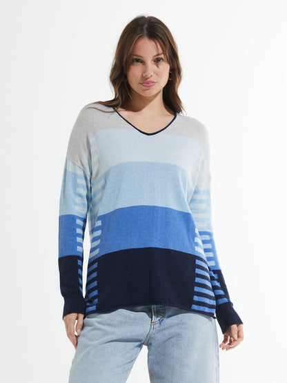 Varied Stripe Lightweight V-Neck Sweater. Style ZKP7404U