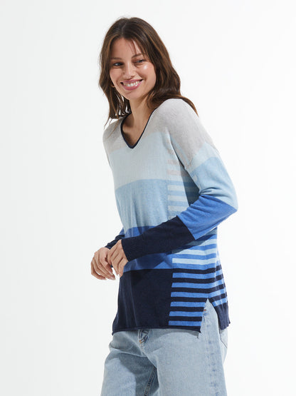 Varied Stripe Lightweight V-Neck Sweater. Style ZKP7404U