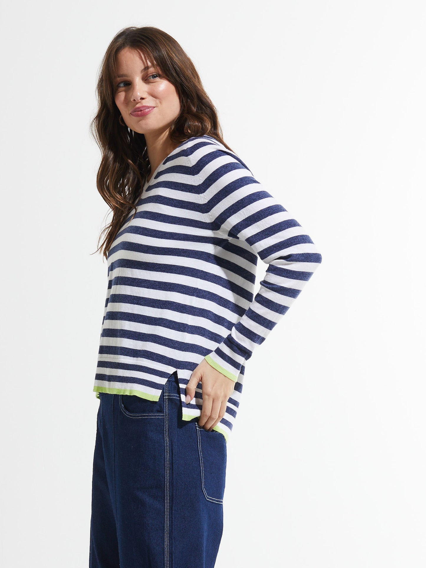 Striped High Low Hemline Sweater. Style ZKP7408U