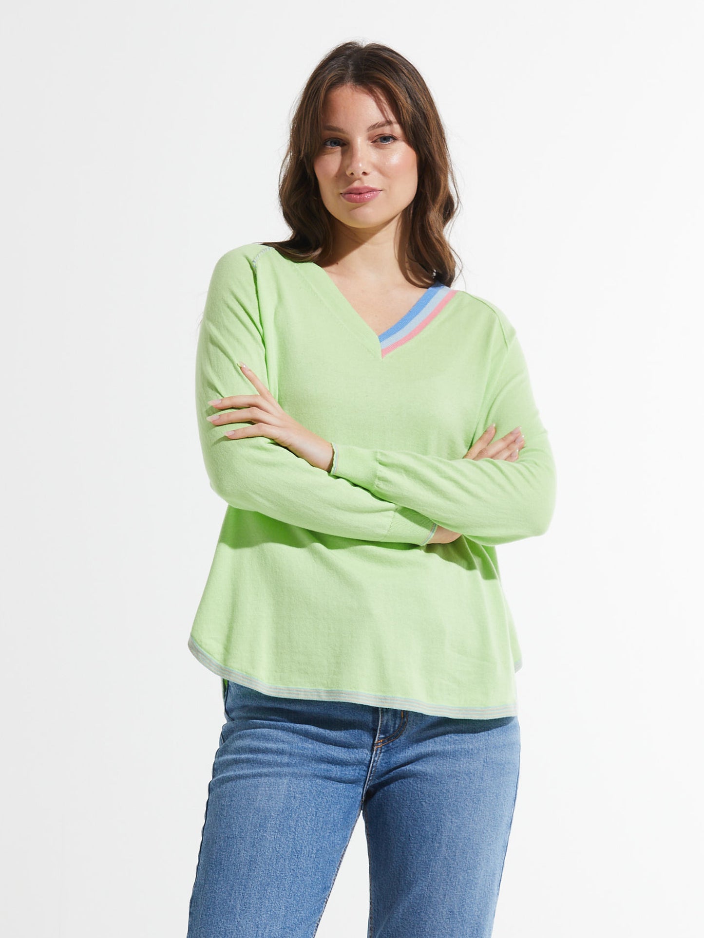 Striped Trim Lightweight Sweater. Style ZKP7432U