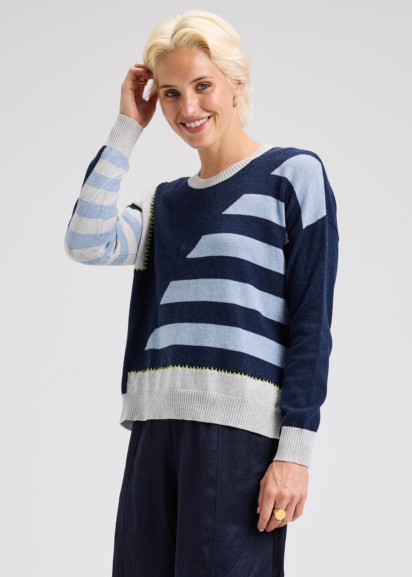 Half Stripe Long Sleeve Knit Sweater. Style ZKP7531U