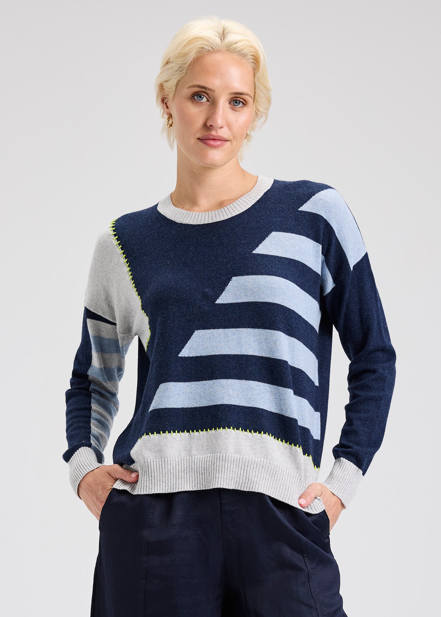 Half Stripe Long Sleeve Knit Sweater. Style ZKP7531U