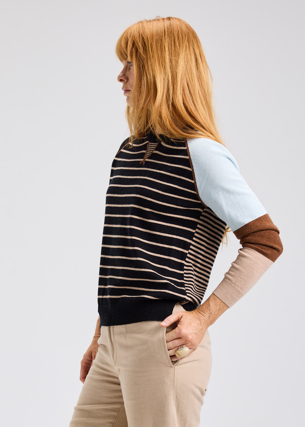 Striped Middle & Colour Block Sleeves Knit Sweater. Style ZKP7534U
