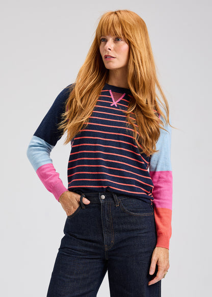 Striped Middle & Colour Block Sleeves Knit Sweater. Style ZKP7534U