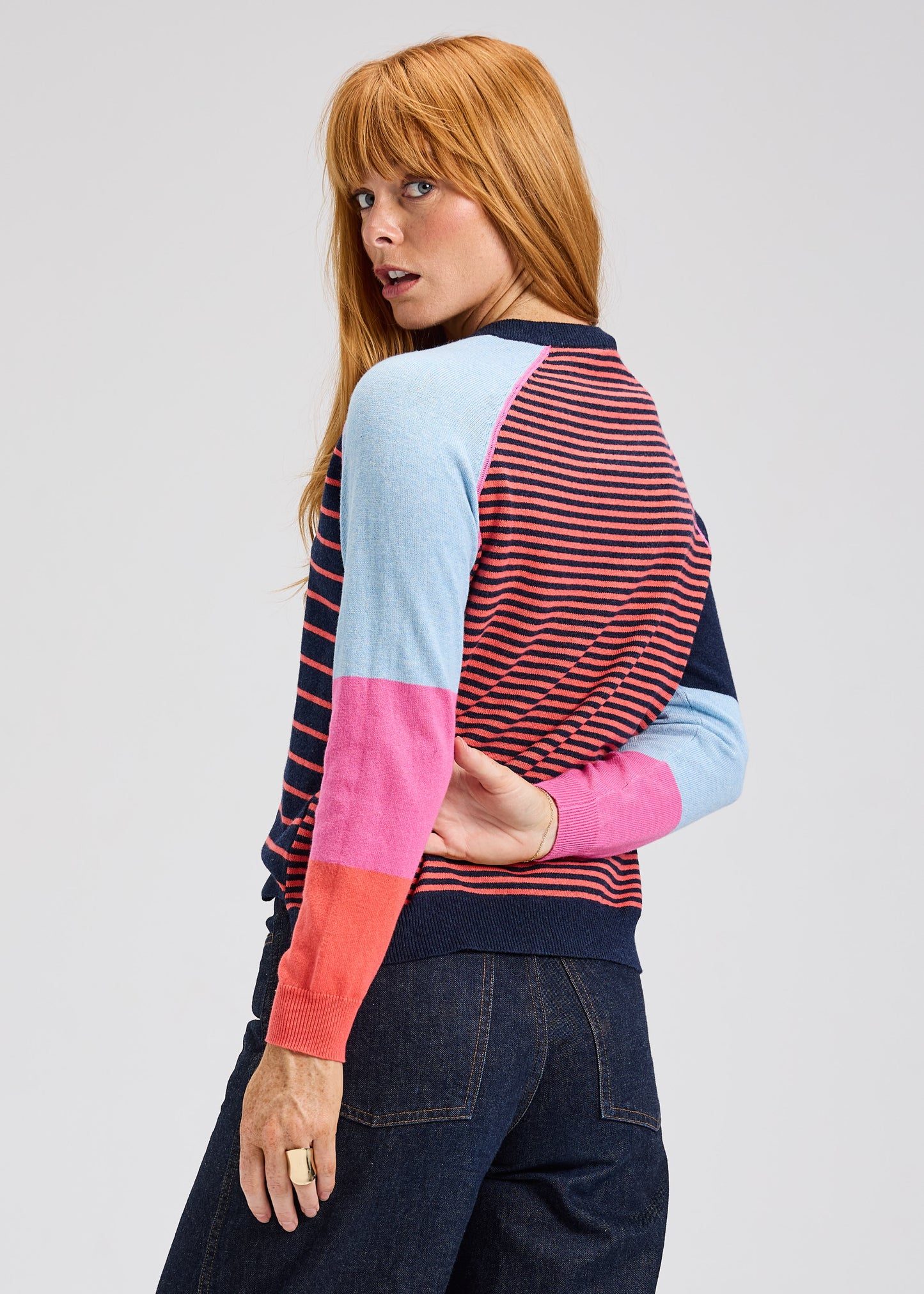 Striped Middle & Colour Block Sleeves Knit Sweater. Style ZKP7534U
