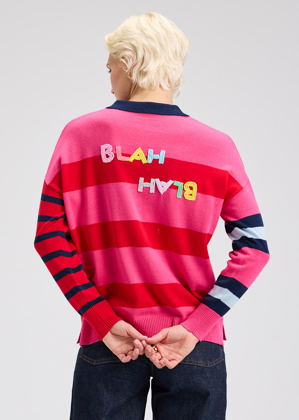 Pink Stripes "Blah Blah" Collared Sweater. Style ZKP7543U