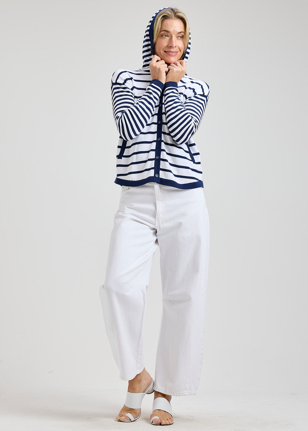 Striped Button Front Hooded Sweater. Style ZKP8409U