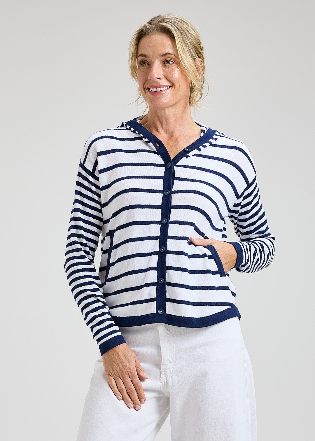 Striped Button Front Hooded Sweater. Style ZKP8409U