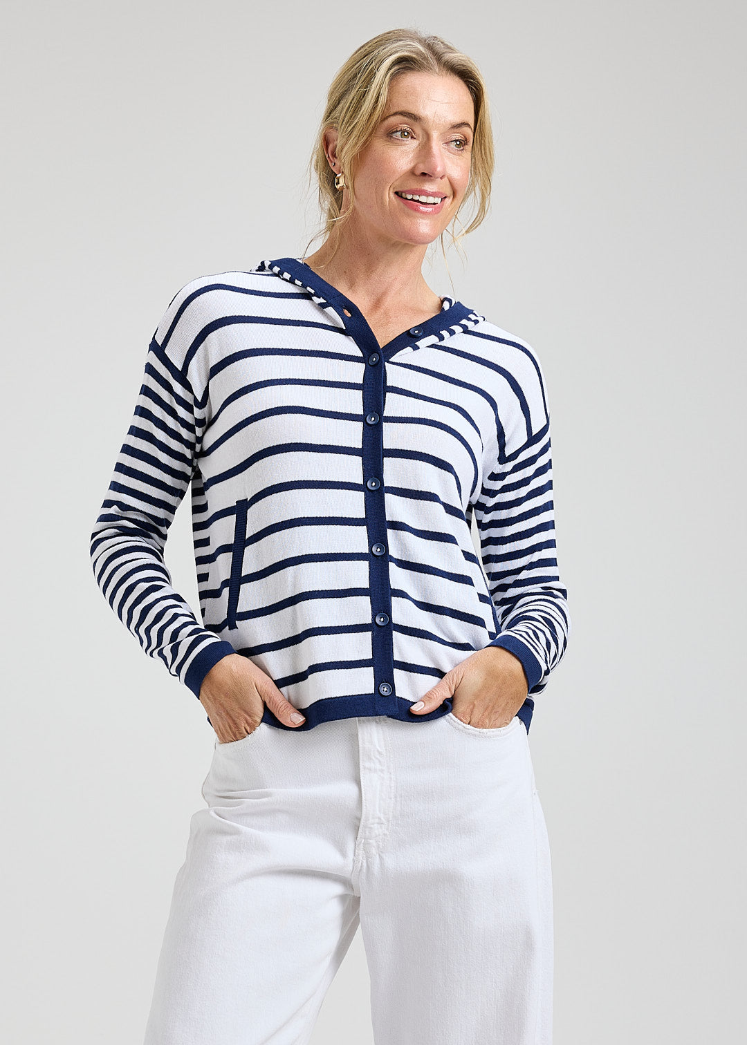 Striped Button Front Hooded Sweater. Style ZKP8409U