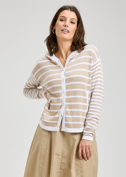 Striped Button Front Hooded Sweater. Style ZKP8409U