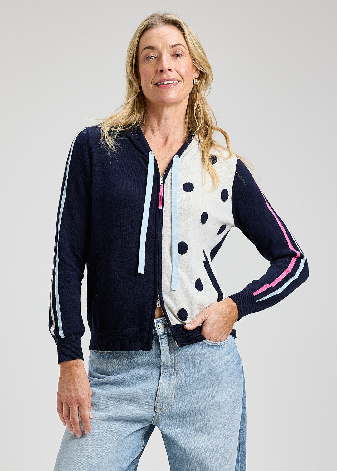 Zip Front Half Polka Dot & Arm Stripes Hoodie. Style ZKP8411U