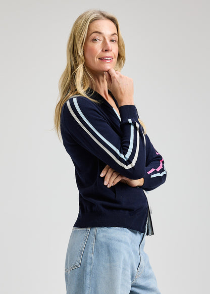 Zip Front Half Polka Dot & Arm Stripes Hoodie. Style ZKP8411U