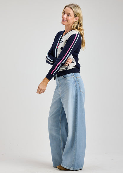 Zip Front Half Polka Dot & Arm Stripes Hoodie. Style ZKP8411U