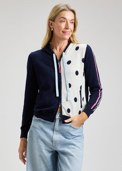 Zip Front Half Polka Dot & Arm Stripes Hoodie. Style ZKP8411U