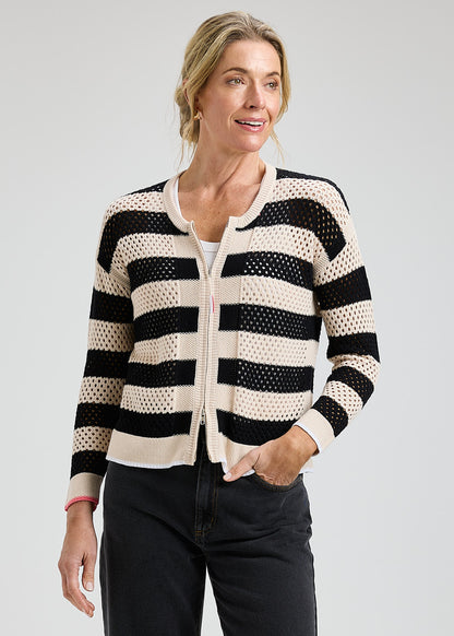 Zip Front Striped Holey Knit Cardigan. Style ZKP8418U