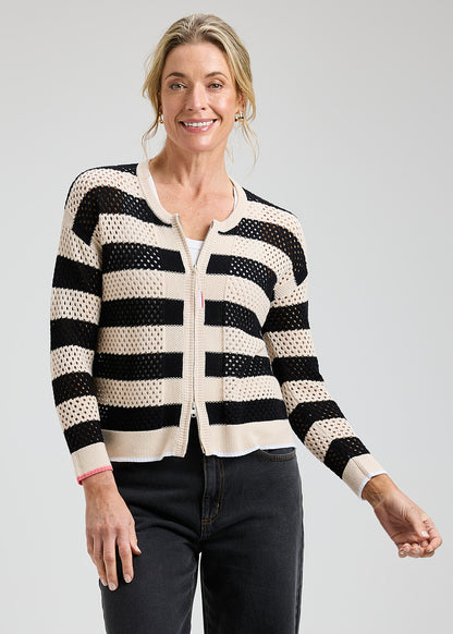 Zip Front Striped Holey Knit Cardigan. Style ZKP8418U