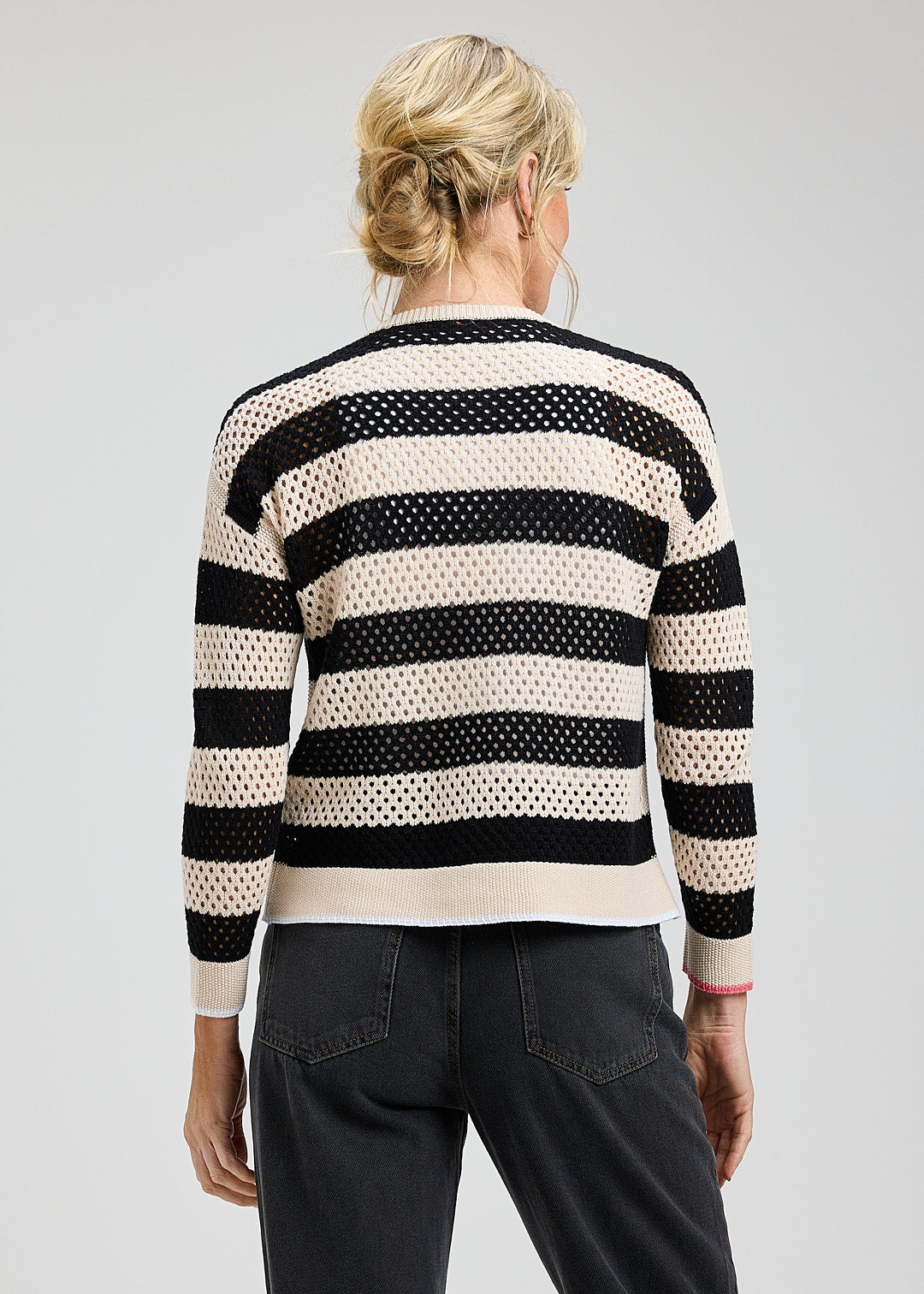 Zip Front Striped Holey Knit Cardigan. Style ZKP8418U