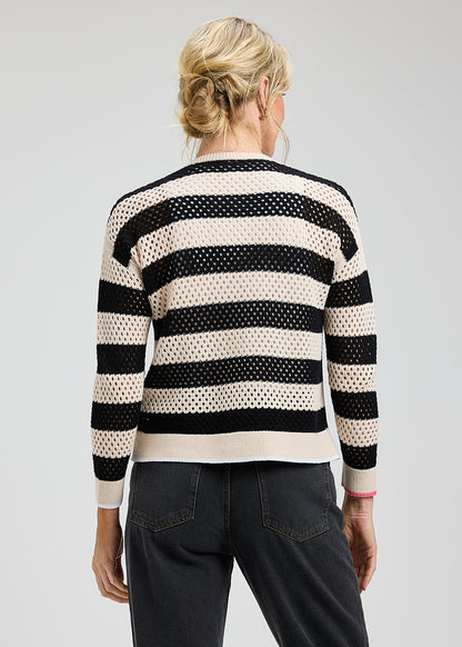 Zip Front Striped Holey Knit Cardigan. Style ZKP8418U