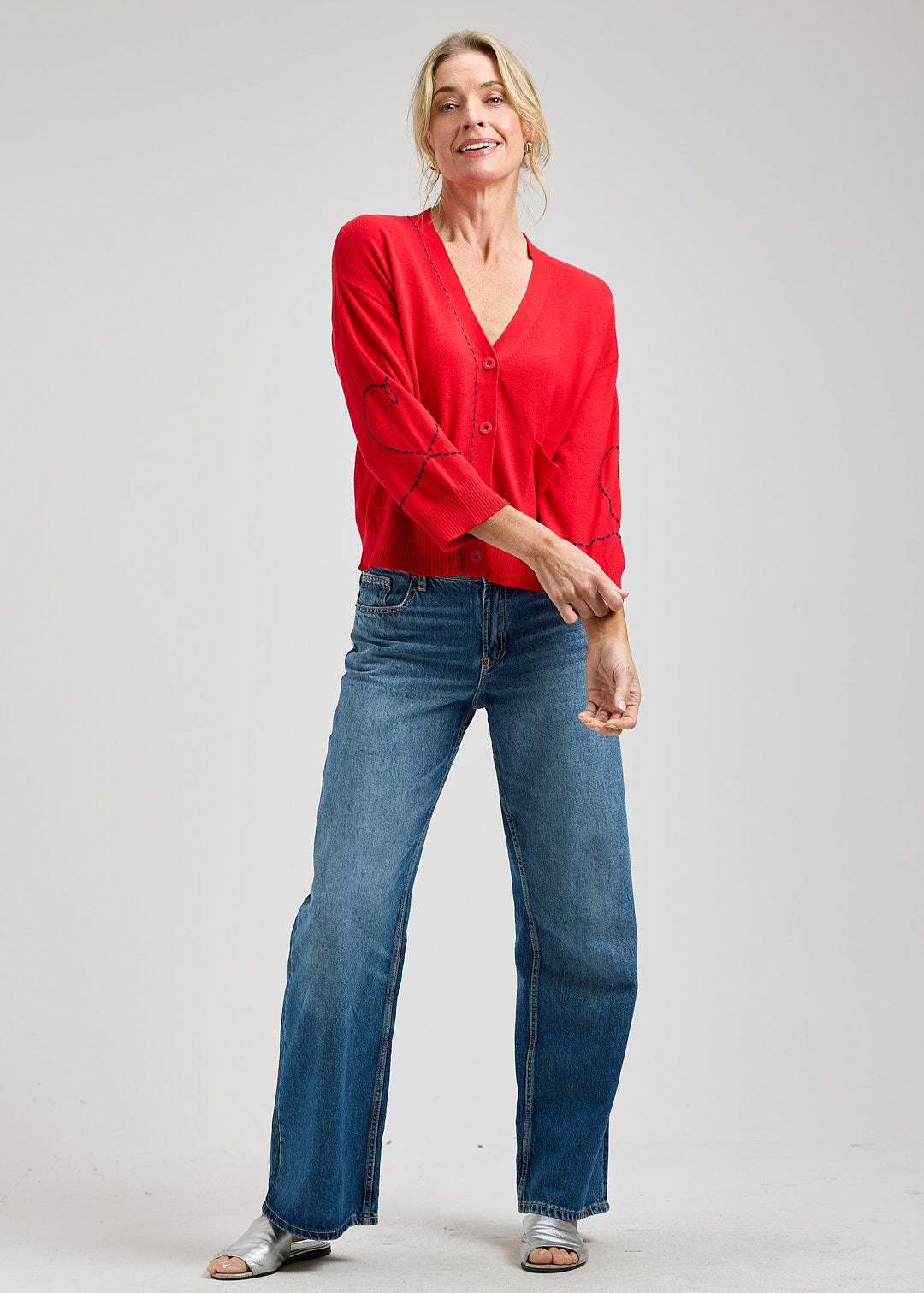 Dotted Embroidered Heart On Sleeve Design Cardigan. Style ZKP8432U