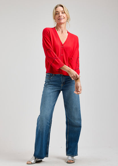 Dotted Embroidered Heart On Sleeve Design Cardigan. Style ZKP8432U