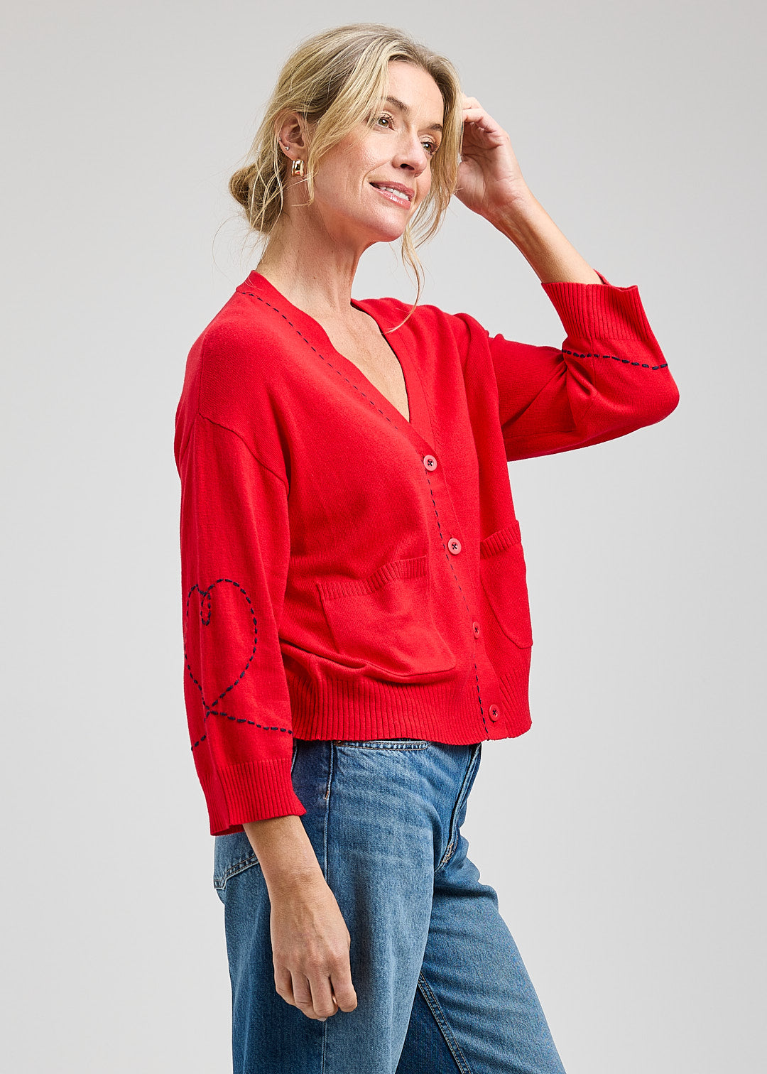 Dotted Embroidered Heart On Sleeve Design Cardigan. Style ZKP8432U