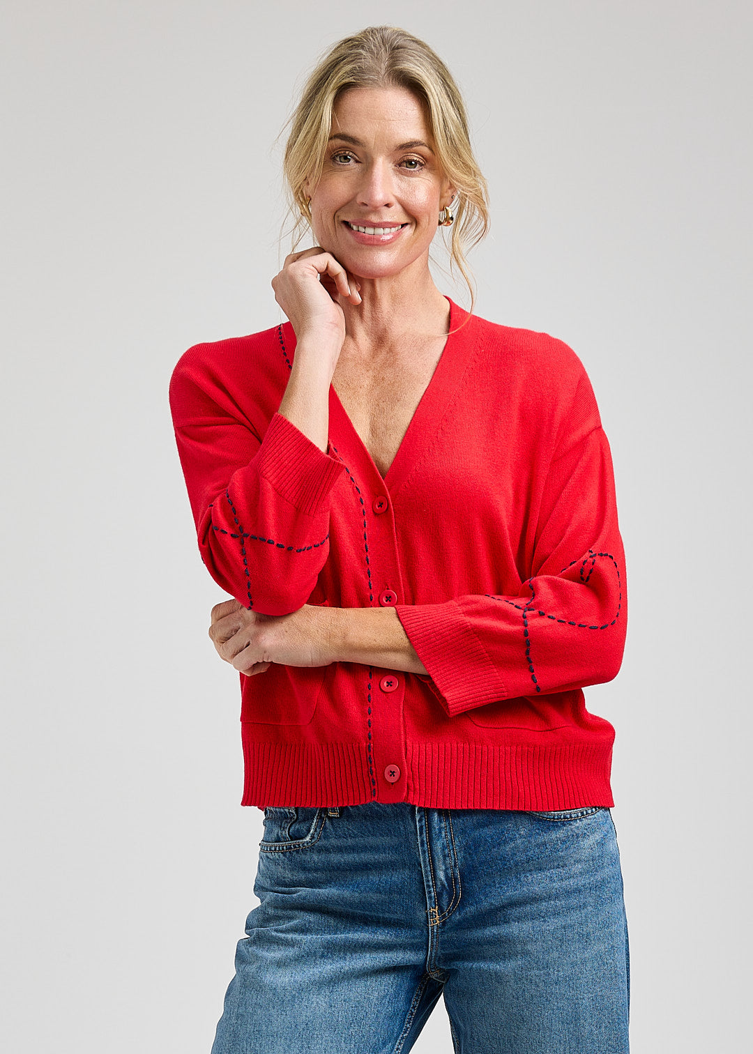 Dotted Embroidered Heart On Sleeve Design Cardigan. Style ZKP8432U