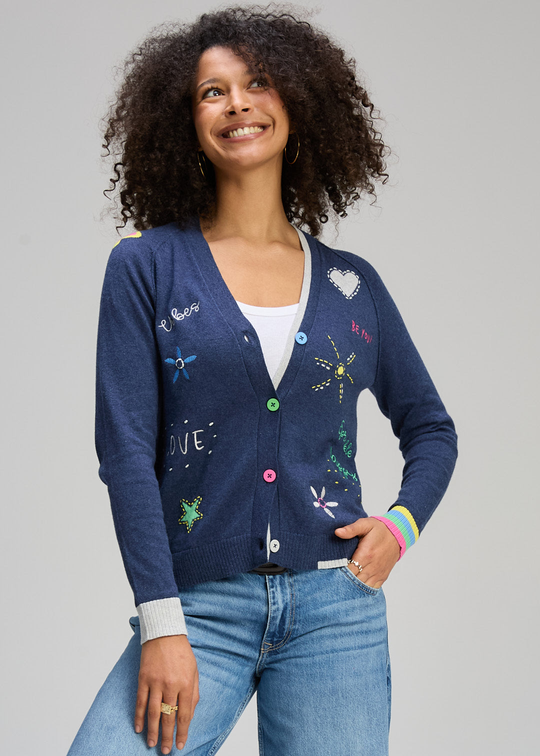 "Good Vibes" V-Neck Button Front Cardigan. Style ZKP8435U