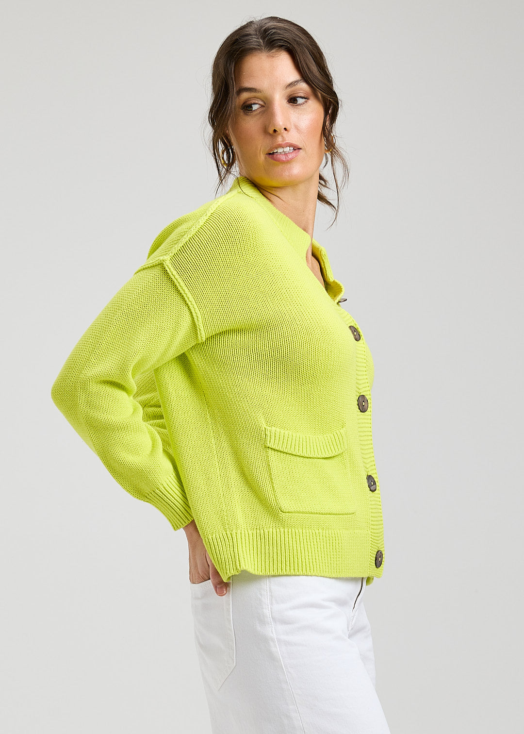 Thick Knit Mock Neck Long Sleeve Cardigan. Style ZKP8443U
