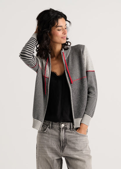 Zip Front Red Details Knit Pattern Blocking Cardigan. Style ZKP8524U