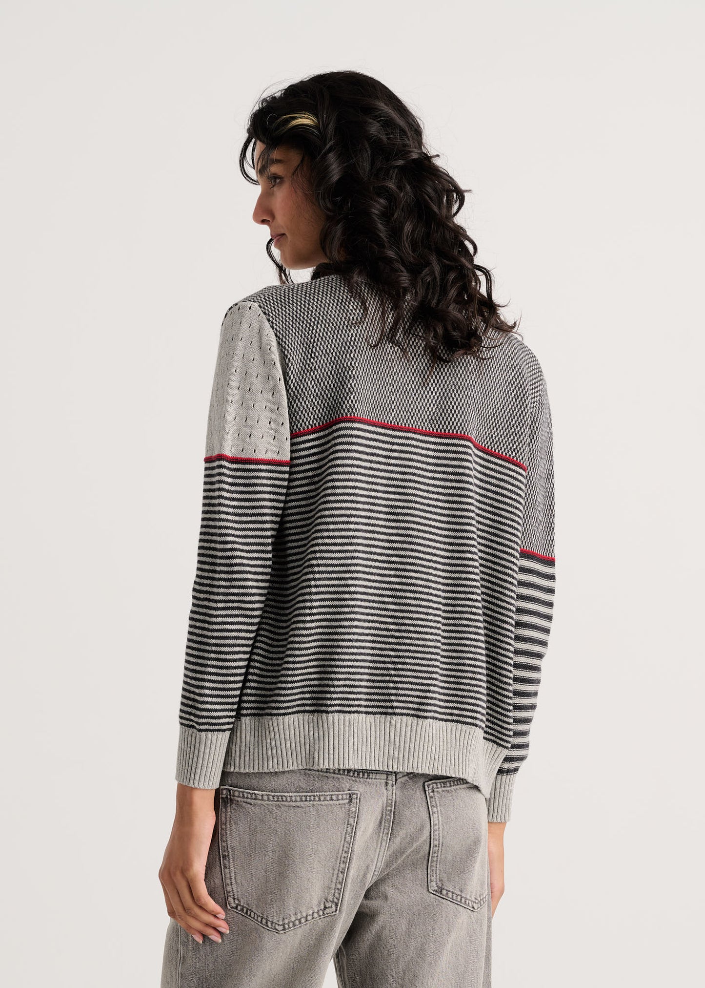 Zip Front Red Details Knit Pattern Blocking Cardigan. Style ZKP8524U