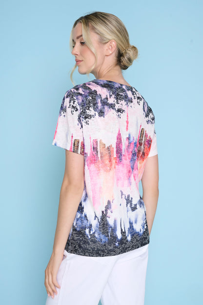Abstract City Landscape & Rhinestones Short Sleeve Top. Style PYZU114XV
